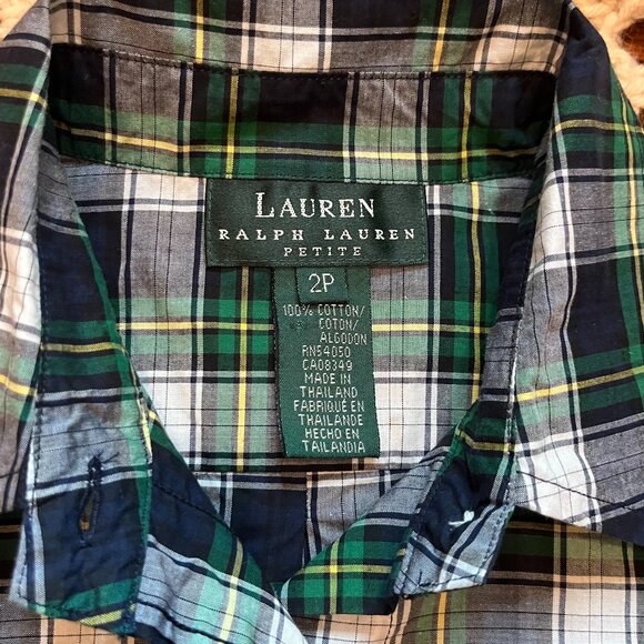 Lauren Ralph Lauren Navy/Green/Yellow Plaid Classic Cotton Button Front Shirt 2P - Picture 2 of 9